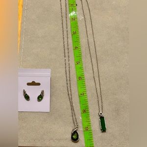 Costume jewelry Two silver tone &green stone necklaces and green stone earrings